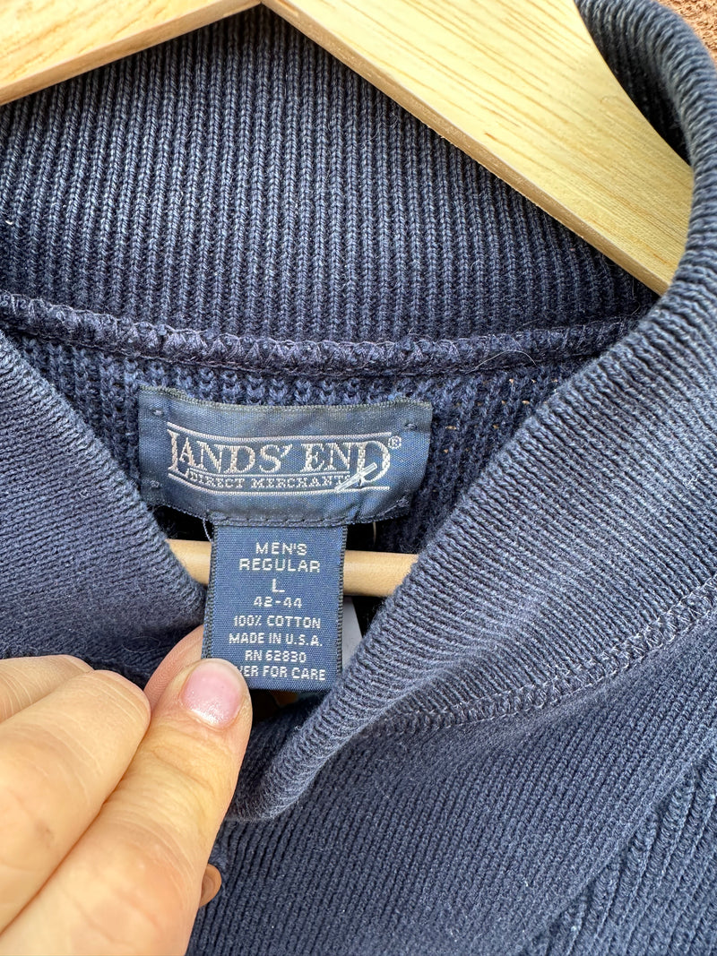 Lands' End Navy Henley Fisherman's Sweater