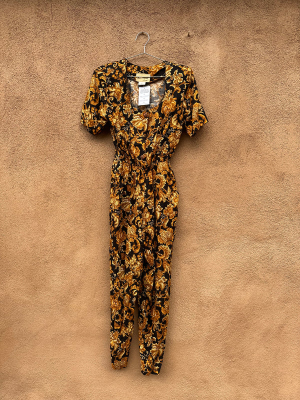 Black & Gold Floral Jumpsuit - as is (missing button)