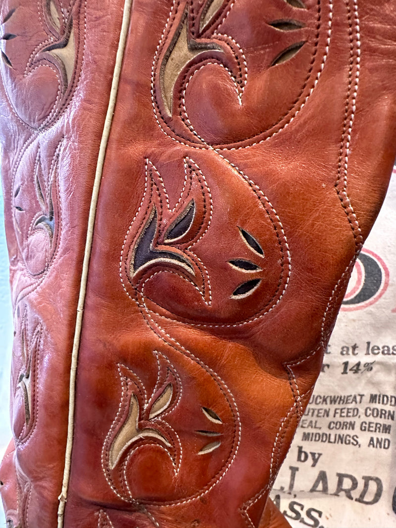 1970's ACME Tall Brown Boots with Floral Inlay - 8C - as is