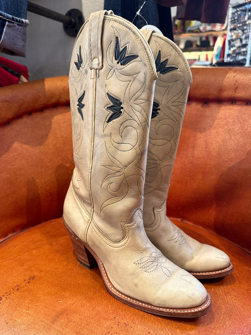 Cream ACME Tall Leather Heel Boots with Blue & Gray Detail