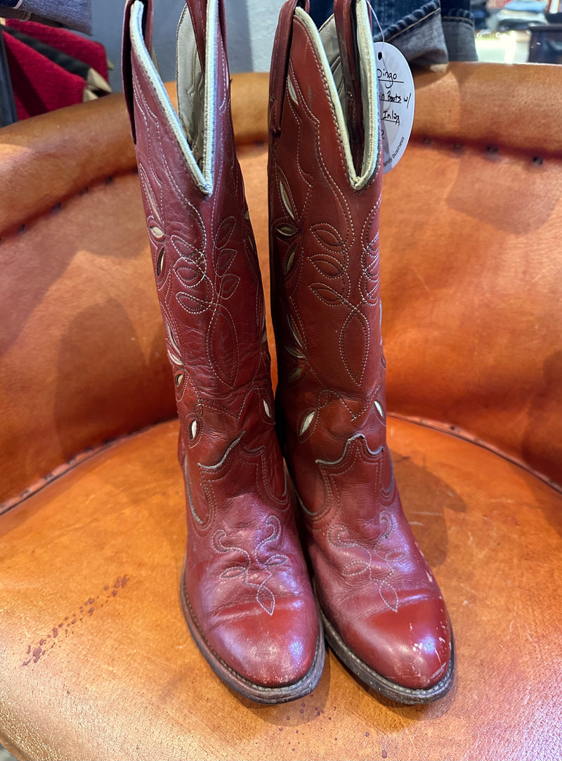 1980's Dingo Reddish Brown Boots with Tall Leather Heel & Inlay - 6M