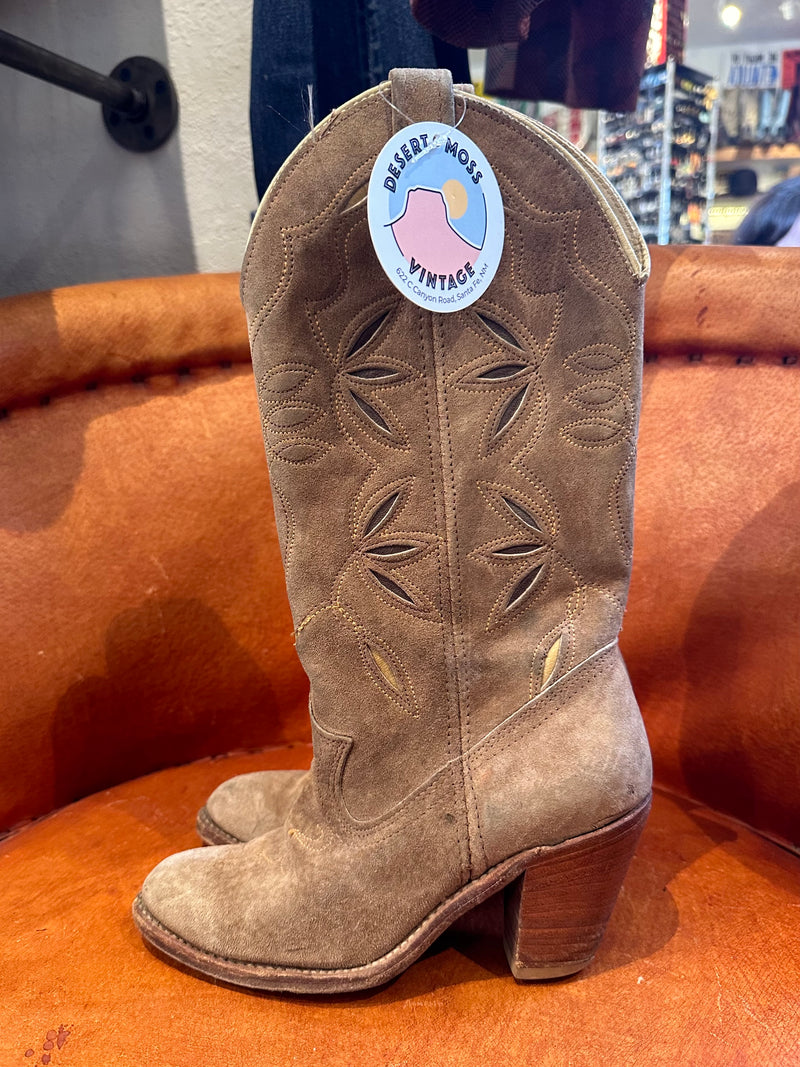 80's Nubuck Dingo Brand Inlay Boots with Tall Leather Heel - as is - 5m