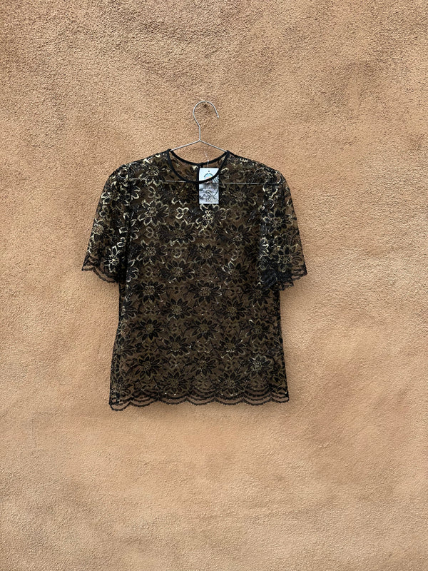 Gold Floral & Black Mesh Blouse