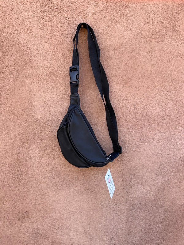 Classic Black Leather Fanny Pack with Nylon Strap