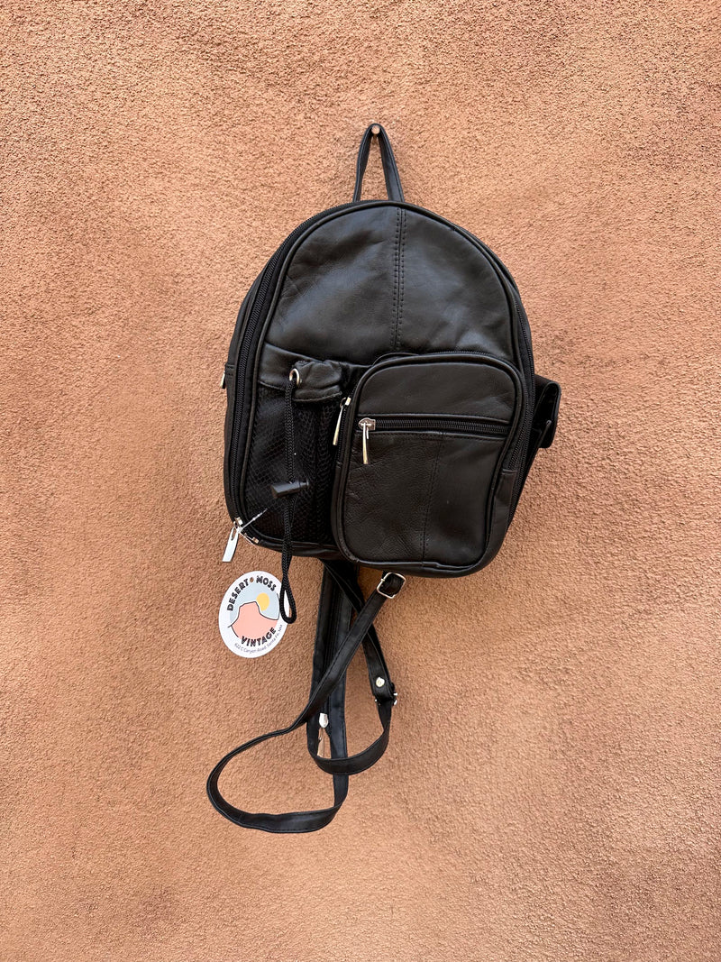 90's Black Leather Backpack/Sling - Multipocketed