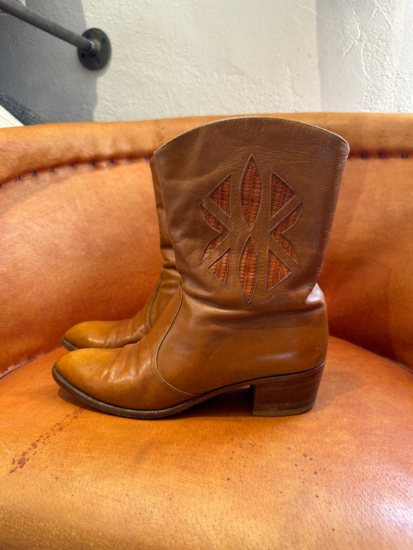 Brown Leather Low Cut Boots with Reptile Inlay - Women's 8/8.5