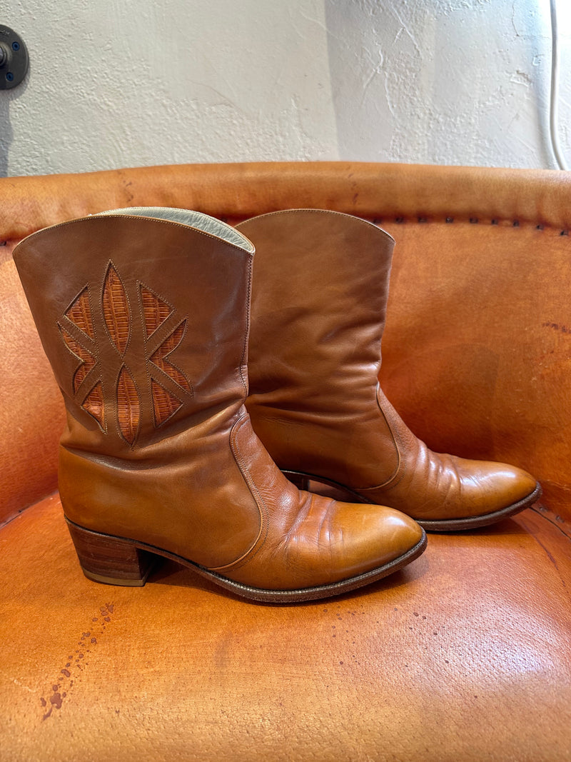 Brown Leather Low Cut Boots with Reptile Inlay - Women's 8/8.5