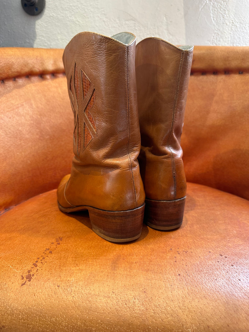 Brown Leather Low Cut Boots with Reptile Inlay - Women's 8/8.5