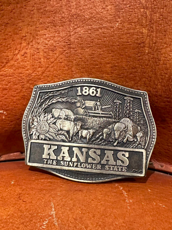 Kansas The Sunflower State Brass Belt Buckle