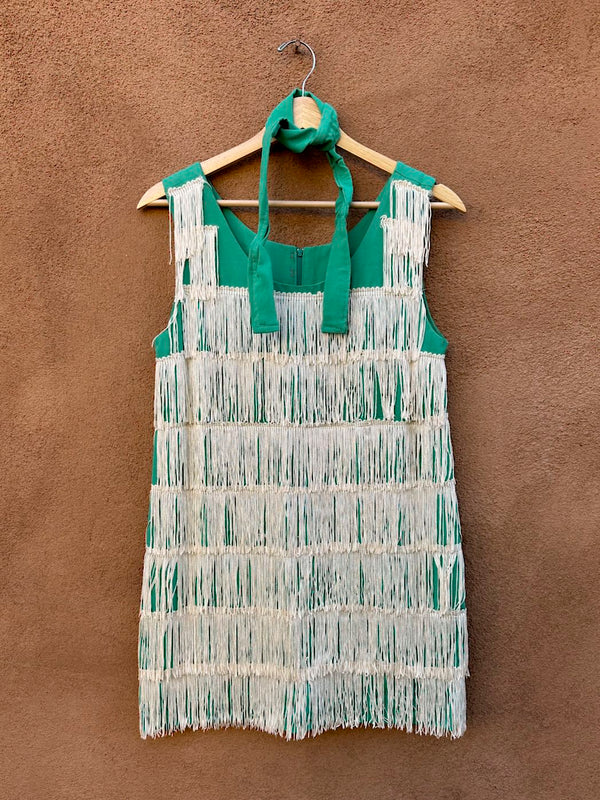 Seafoam Green Fringed 1950's Mini Flapper Gabardine Dress with Head/Neck Band
