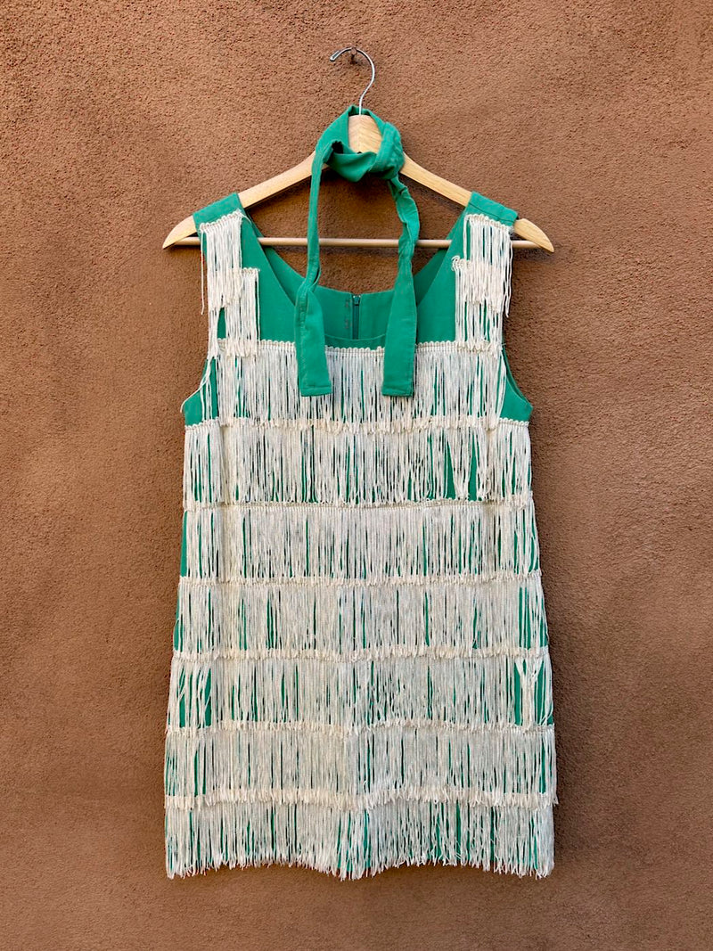 Seafoam Green Fringed 1950's Mini Flapper Gabardine Dress with Head/Neck Band
