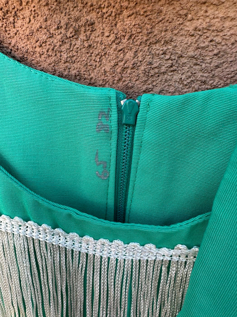 Seafoam Green Fringed 1950's Mini Flapper Gabardine Dress with Head/Neck Band