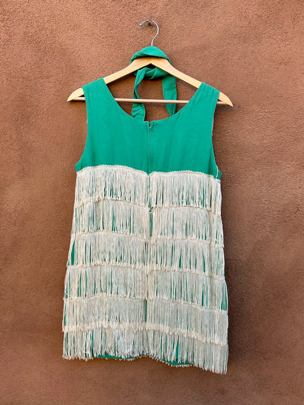 Seafoam Green Fringed 1950's Mini Flapper Gabardine Dress with Head/Neck Band