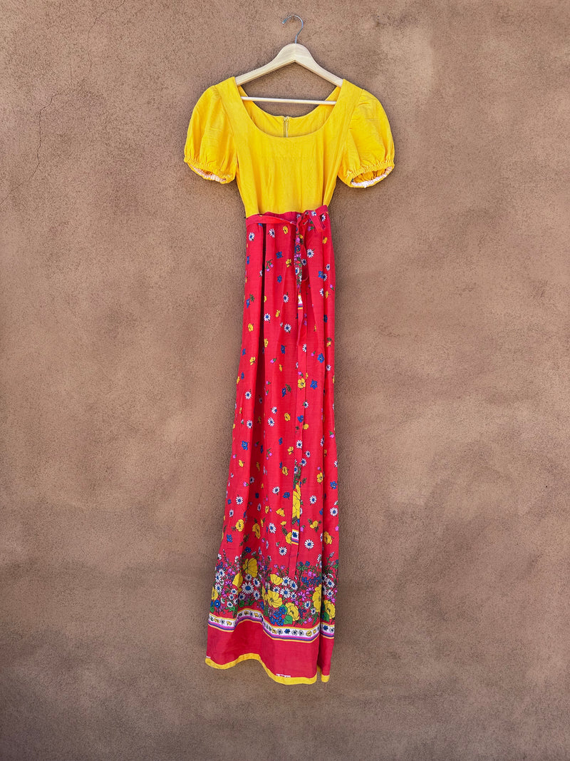 1960's Yellow with Red Floral Belted Dress