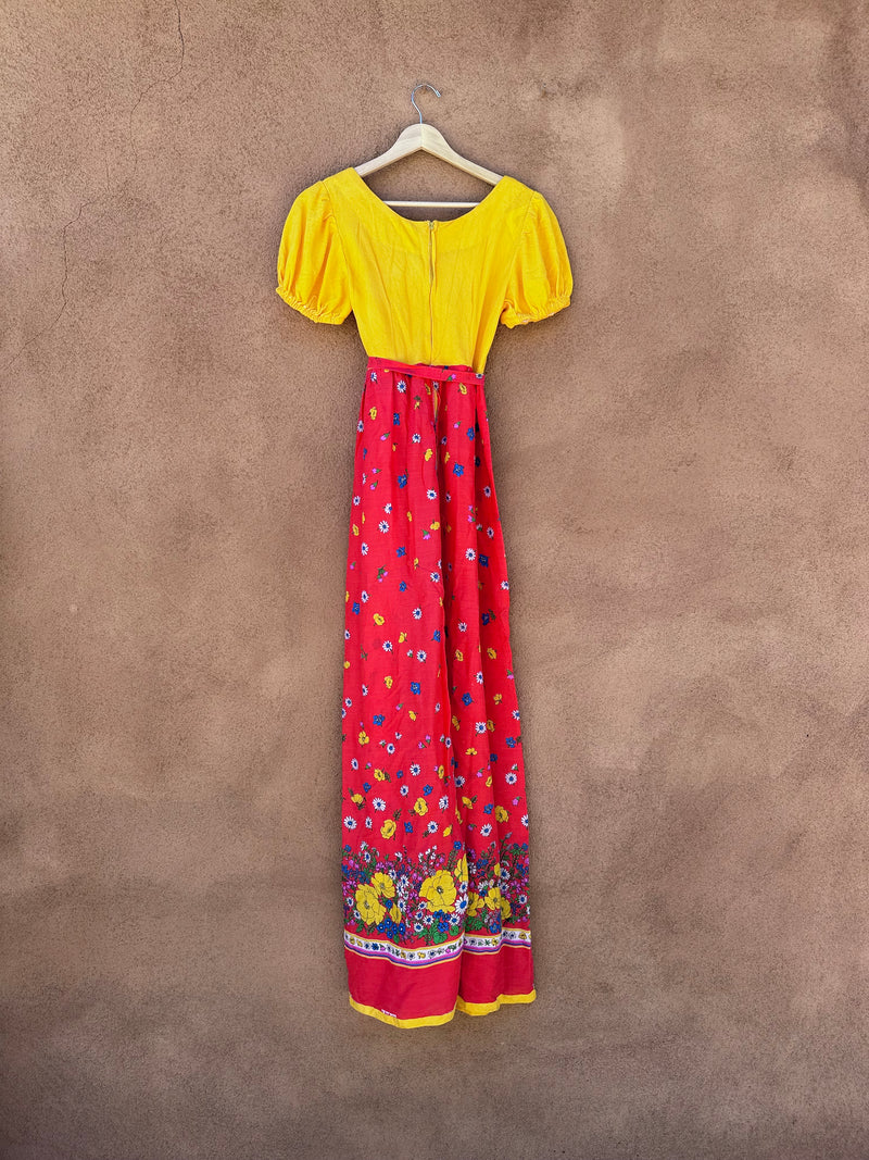 1960's Yellow with Red Floral Belted Dress