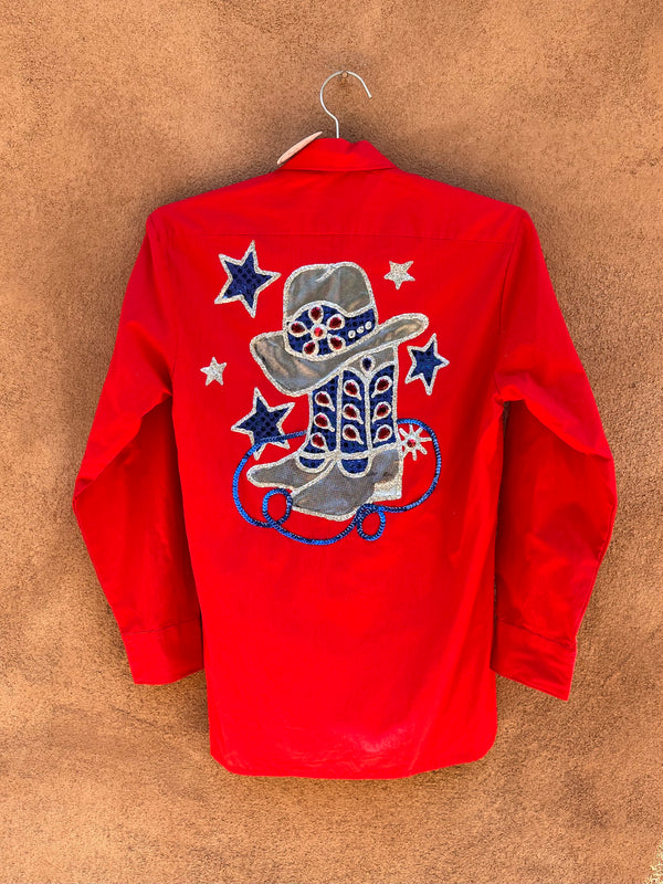 Red Glitter Boots & Stars Shirt - as is