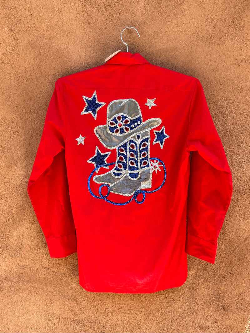 Red Glitter Boots & Stars Shirt - as is