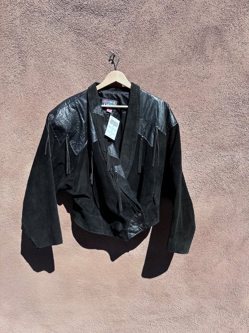 Cropped and Studded Ostrich Leather and Suede Black Jacket