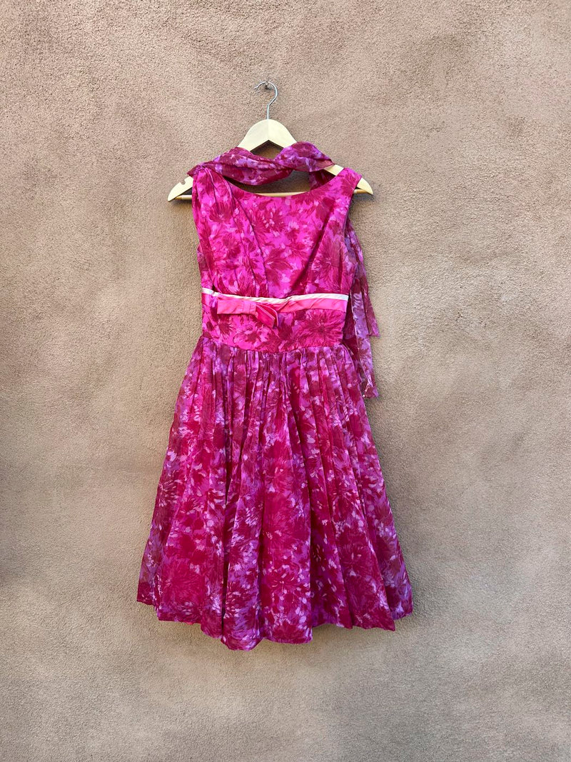 1960's Floral Fuchsia Dinner Party Dress with Bow