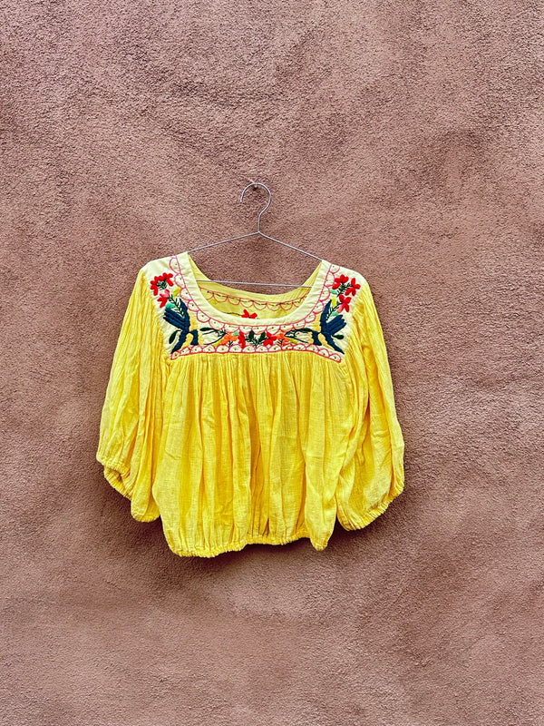 Canary Yellow Puebla Blouse with Floral & Bird Embroidery