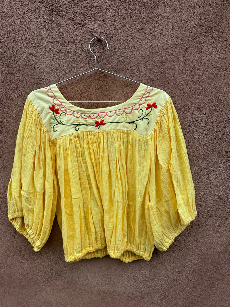Canary Yellow Puebla Blouse with Floral & Bird Embroidery