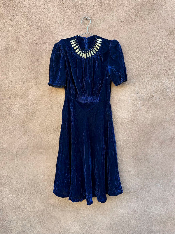 Navy Blue Crushed Velvet Dress with Neck Embellishments