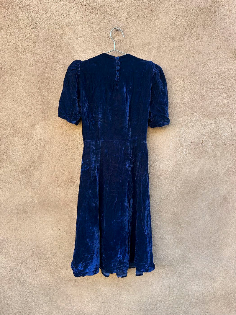 Navy Blue Crushed Velvet Dress with Neck Embellishments
