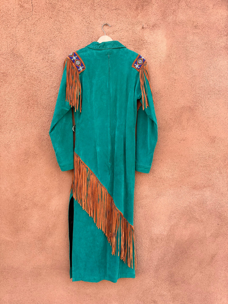 Teal Suede Dress with Beading & Suede Fringe