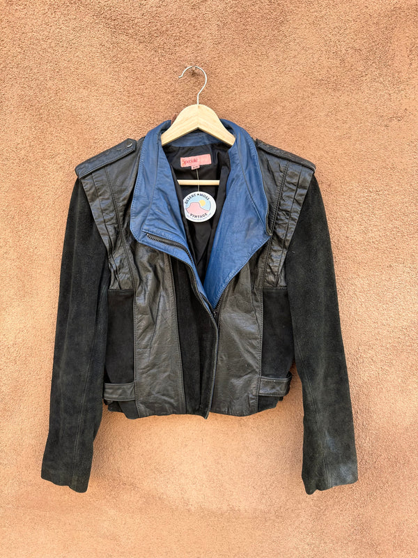 Black Leather/Suede Jacket with Blue Trim - Cropped