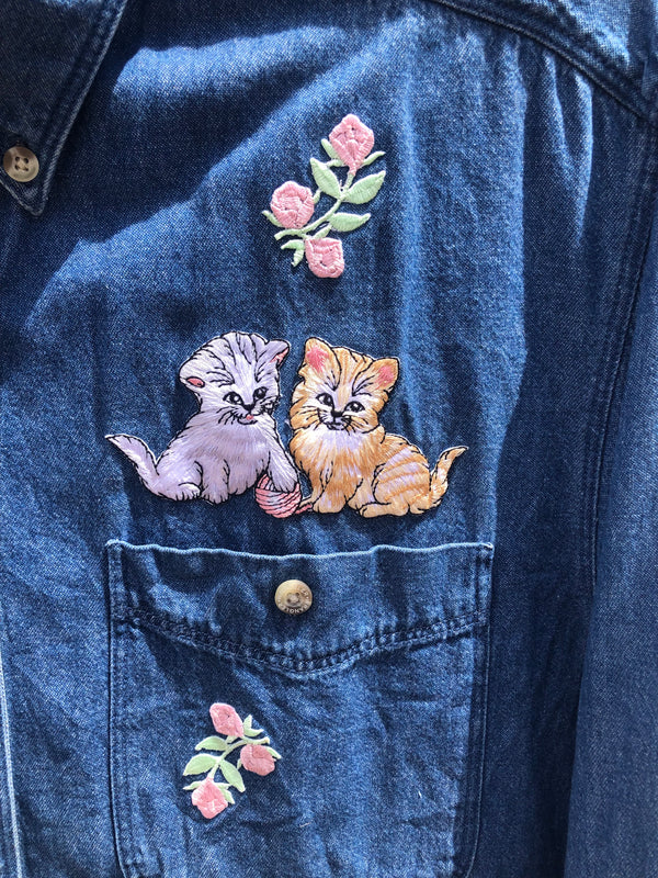 Denim Blouse with Kittens