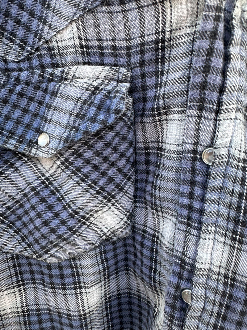 Blue Plaid Pearl Snap Flannel Shirt