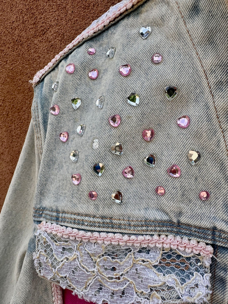 Bedazzled Pink Acid Wash Denim Jacket (on hold)