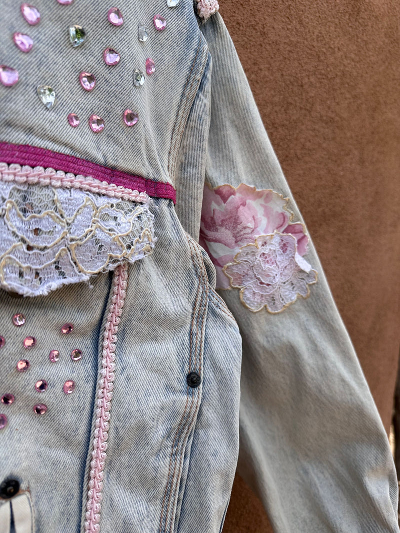 Bedazzled Pink Acid Wash Denim Jacket (on hold)