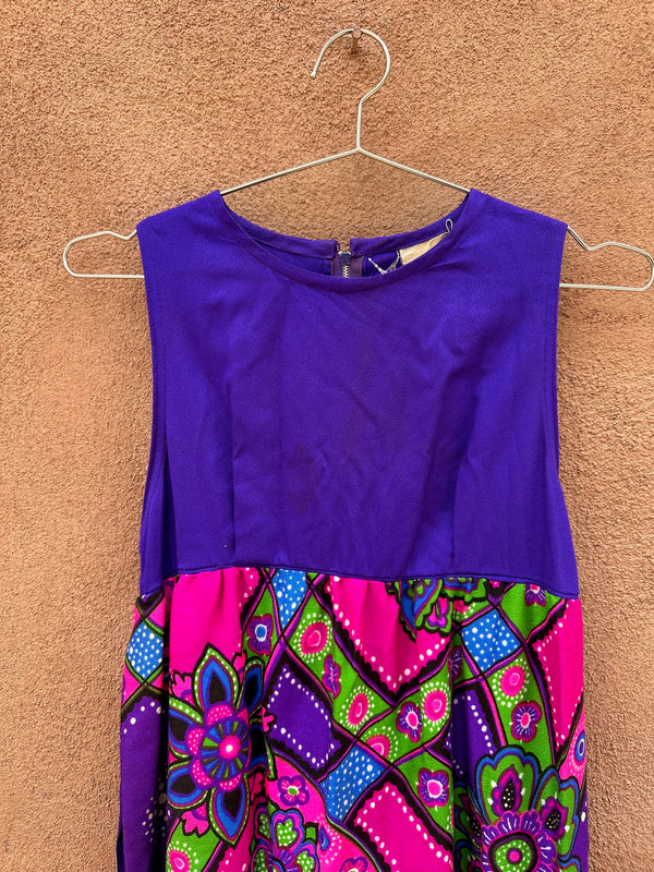 1960's Purple & Pink Floral Sleeveless Hippie Dress