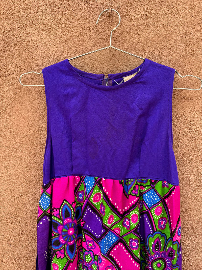 1960's Purple & Pink Floral Sleeveless Hippie Dress