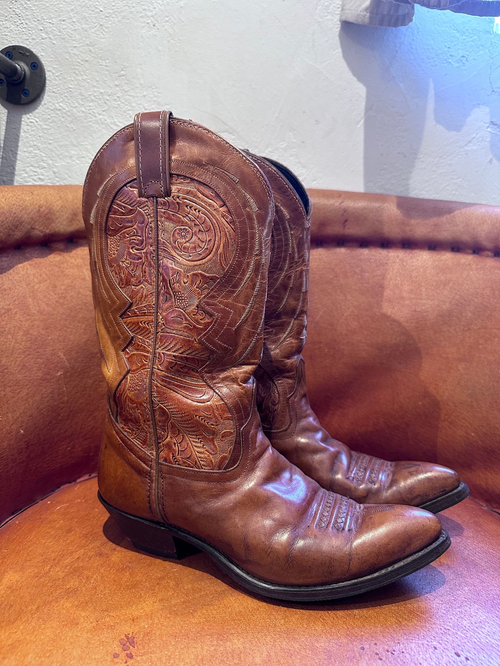 Vintage Code West Cowboy Boots with Hand-Tooled Inlay - Approx