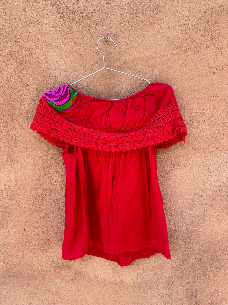 Red Mexican Embroidered Floral Blouse