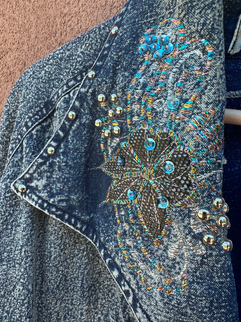 Long Acid Wash Bedazzled Denim Jacket