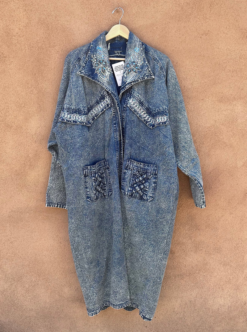 Long Acid Wash Bedazzled Denim Jacket