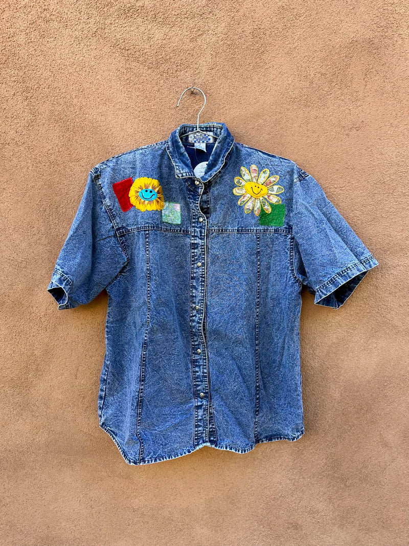Pretty Bleu Denim Shirt/Blouse with Floral Patches