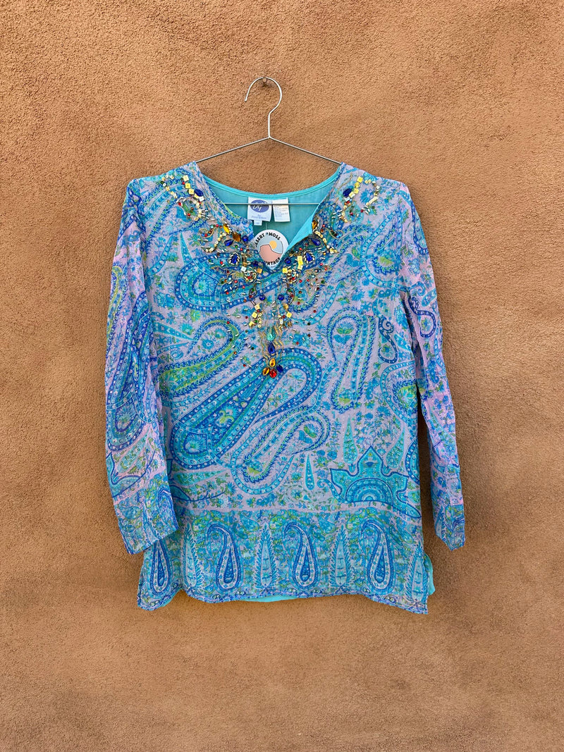 Blue Paisley Silk Top with Rhinestones