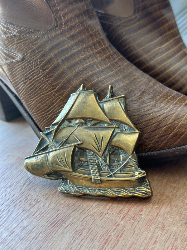 Vintage Buckle, Brass Belt Buckle, Clipper Ship, Solid Brass, Made