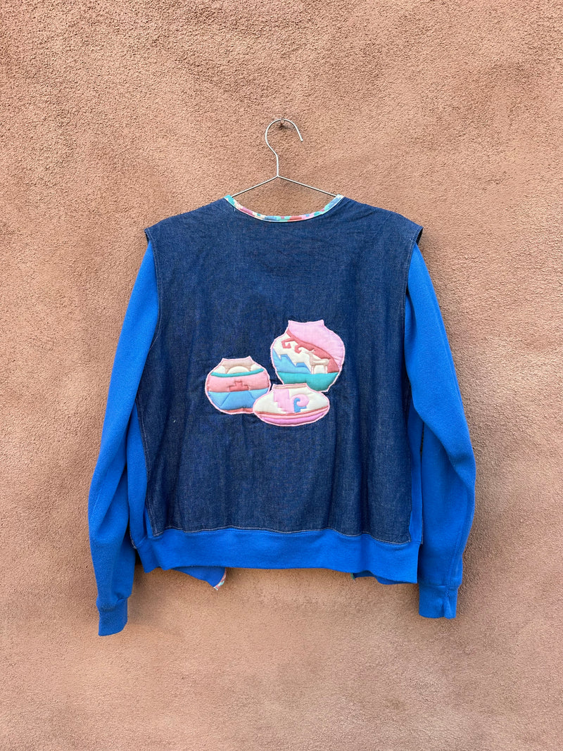 Denim Vest & Sweatshirt with Southwest Pottery