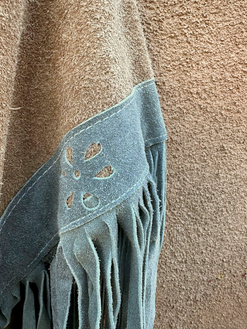 1960's Brown and Gray Suede Poncho with Fringe