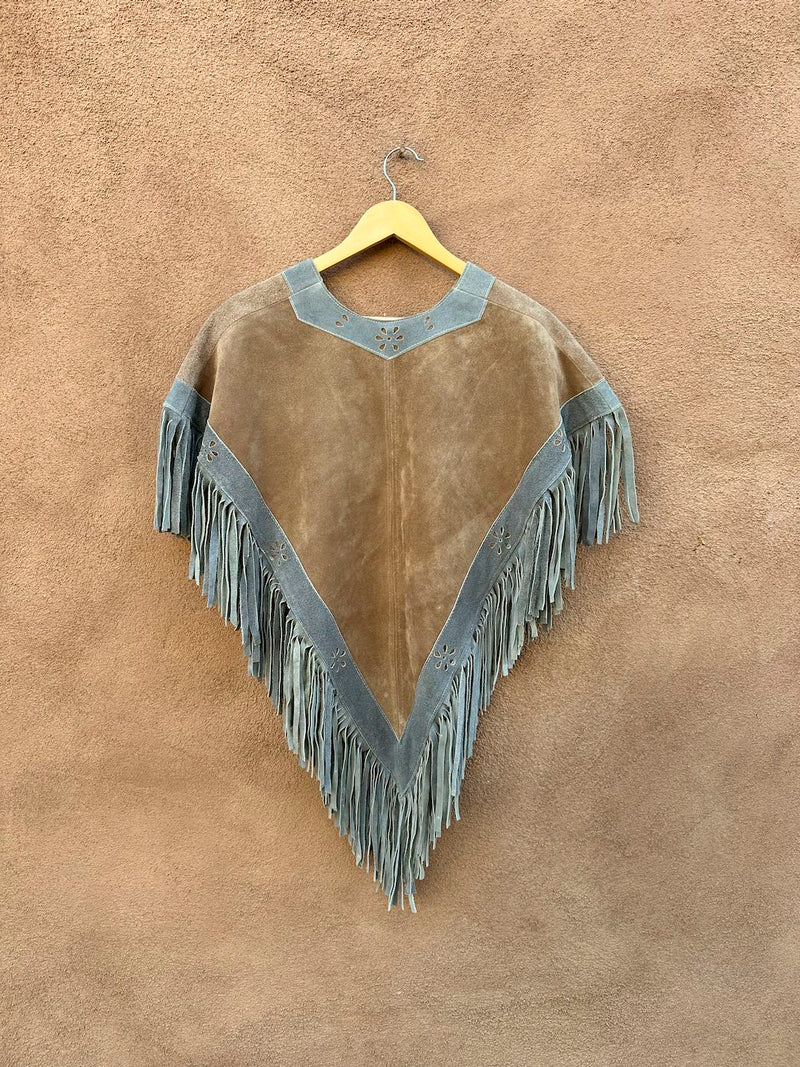 1960's Brown and Gray Suede Poncho with Fringe