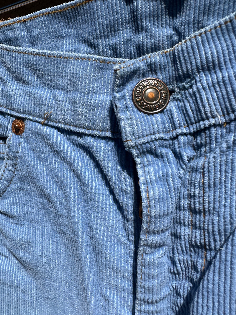 1970's Cornflower Blue Levi's 716 Orange Tag Flared Cords 28 x 30