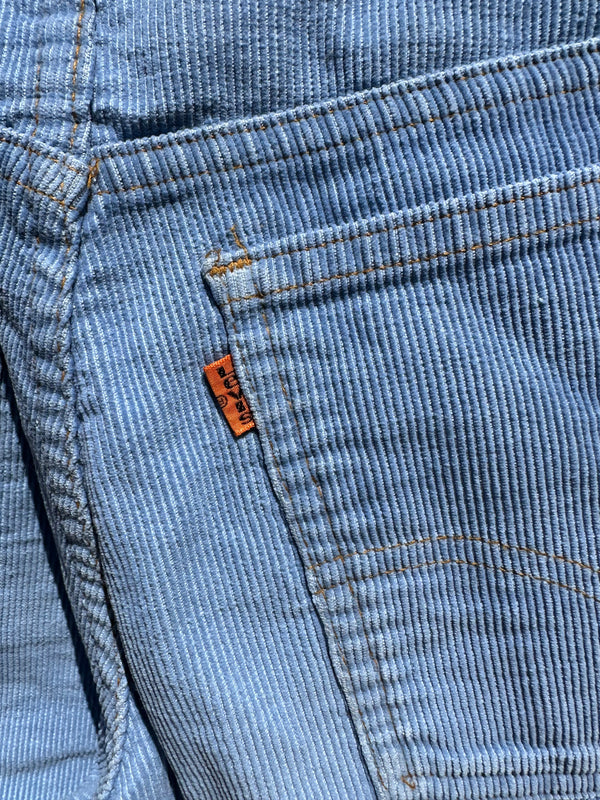 1970's Cornflower Blue Levi's 716 Orange Tag Flared Cords 28 x 30