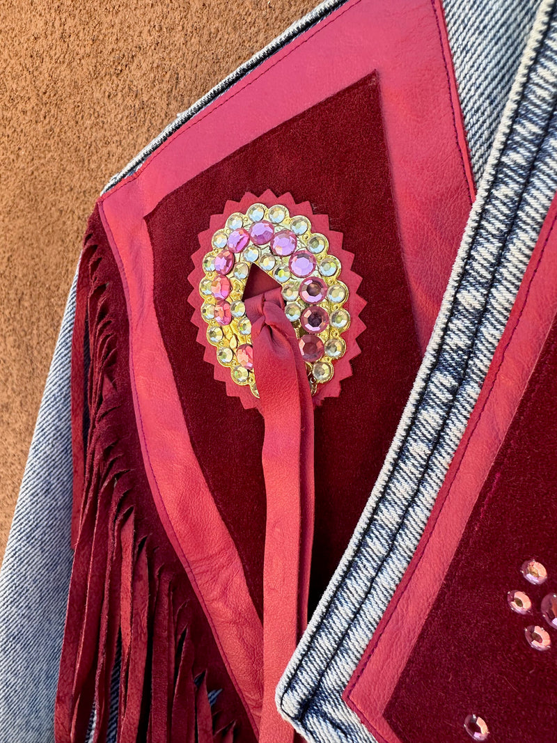 Acid Wash Denim Jacket with Pink Suede & Fringe Detail - Sundance