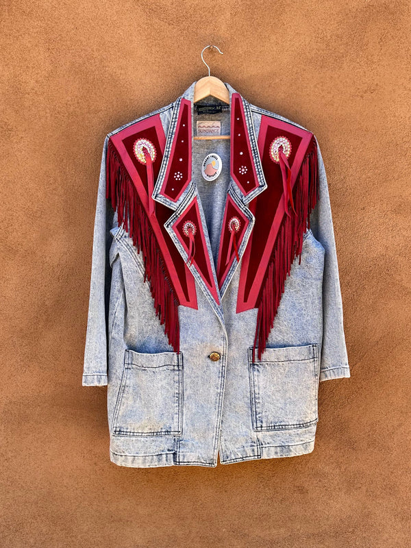 Acid Wash Denim Jacket with Pink Suede & Fringe Detail - Sundance