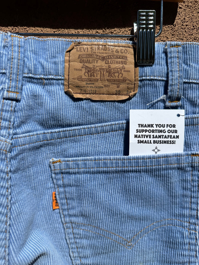 1970's Cornflower Blue Levi's 716 Orange Tag Flared Cords 30 x 36